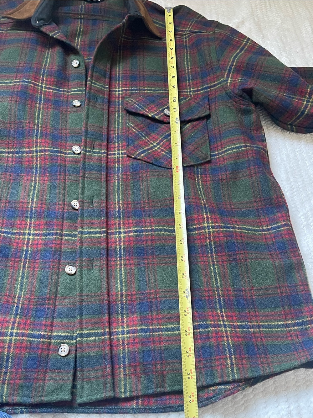 Vintage Woolrich Plaid Wool Shirt Jacket/Flannel with Brown Elbow Patches - Picture 7 of 8